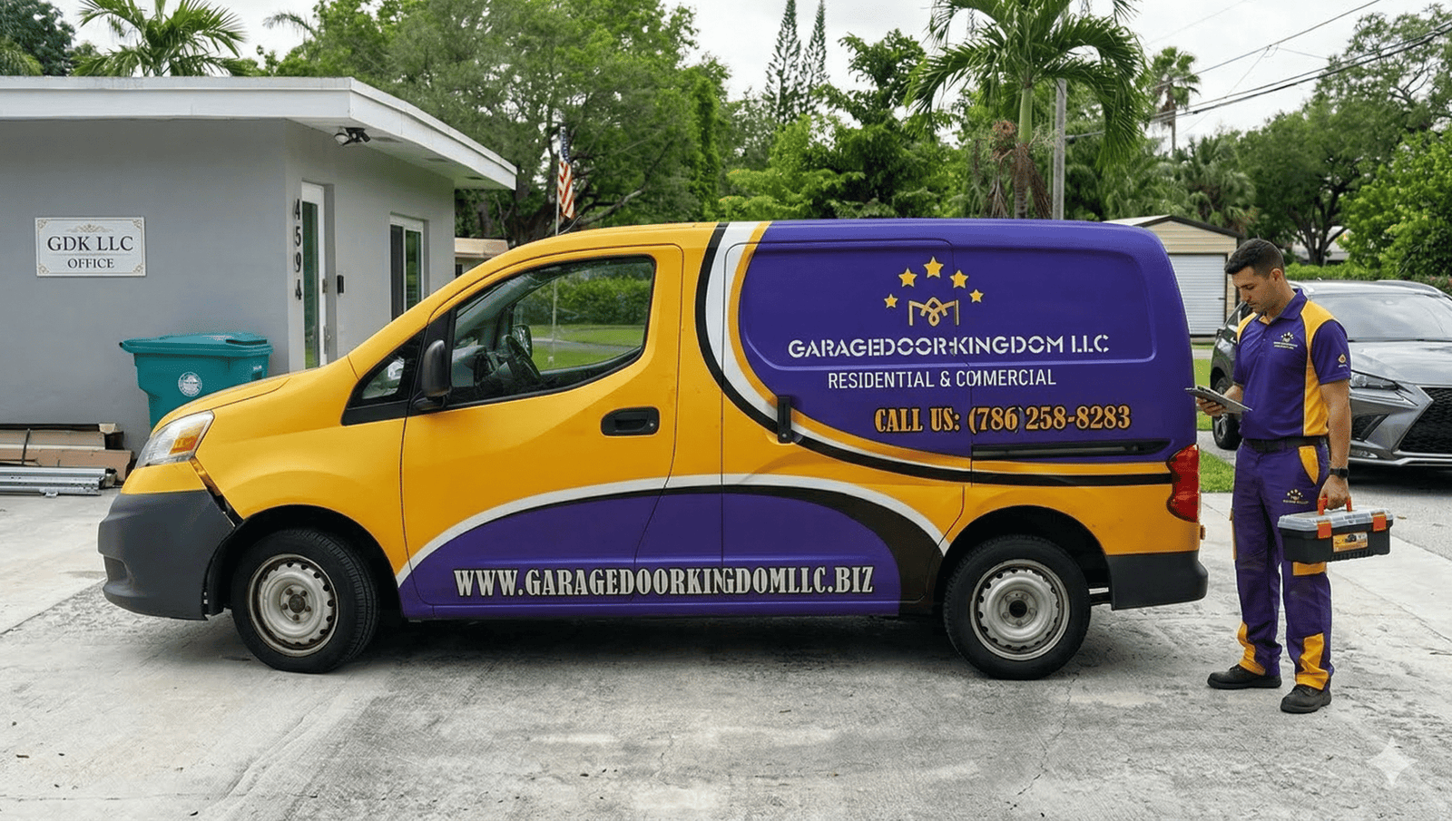 Garage Door Kingdom LLC service van and technician in Sunrise, FL — residential and commercial garage door repair